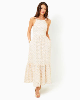 Charlese Eyelet Halter Maxi Dress, Sand Bar Mermaid Tail Metallic Eyelet, large - Lilly Pulitzer