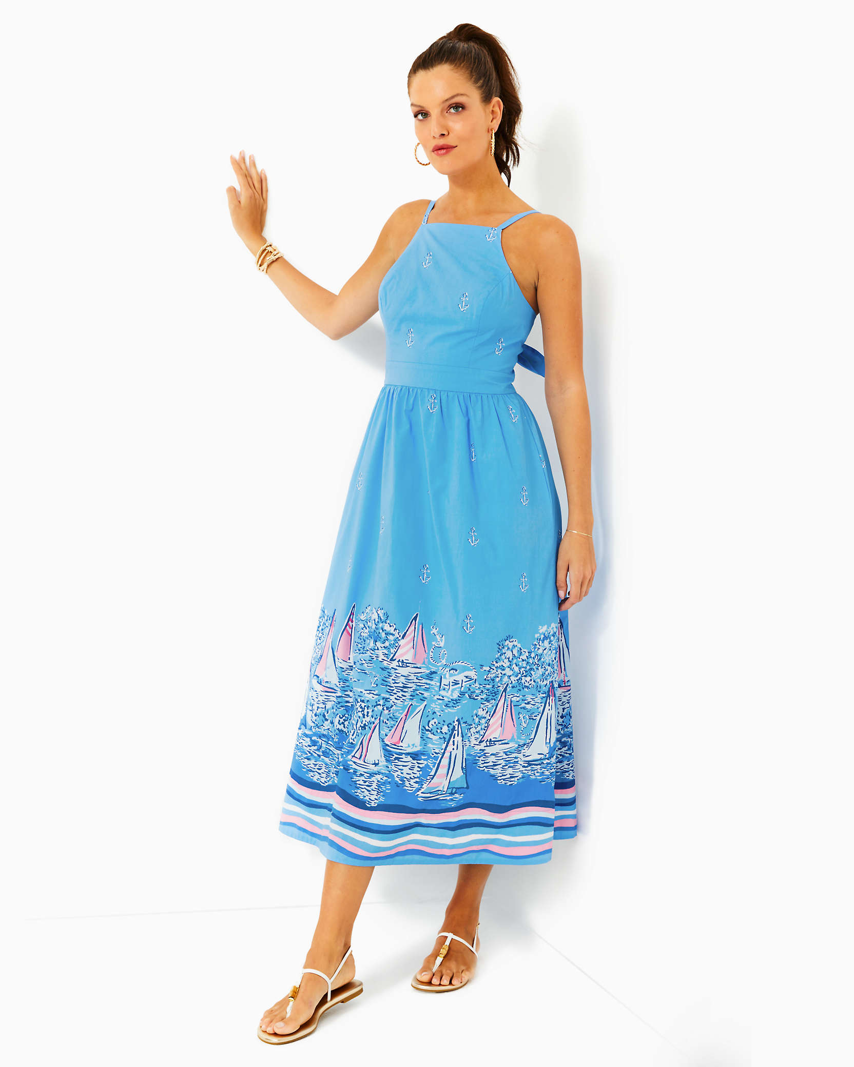 Lilly Pulitzer Charlese Halter Midi Dress In Lunar Blue A Lil Nauti Engineered Woven Dress