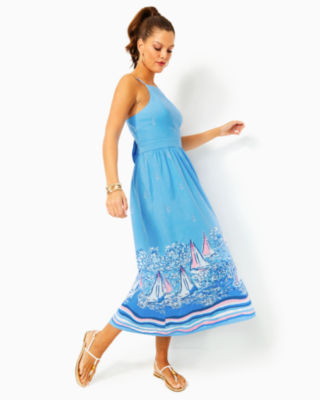 Shop Lilly Pulitzer Charlese Halter Midi Dress In Lunar Blue A Lil Nauti Engineered Woven Dress