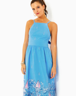 Shop Lilly Pulitzer Charlese Halter Midi Dress In Lunar Blue A Lil Nauti Engineered Woven Dress