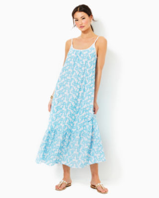 Amerie Embroidered Midi Dress, Lunar Blue Flamingle Embroidered Cotton, large - Lilly Pulitzer