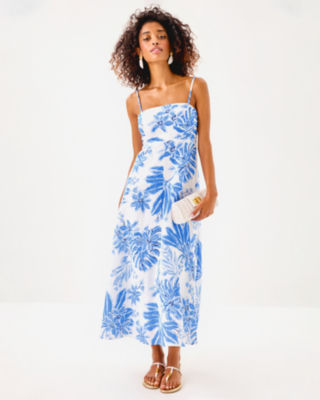 Jorgian Linen Midi Dress, Resort White Jet Set Jungle, large image 3