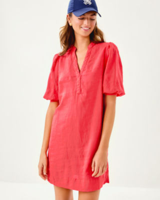 Mialeigh Linen Dress, Cane Coral, large