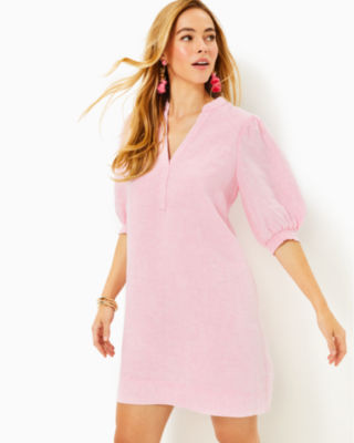 Mialeigh Linen Dress, Conch Shell Pink X Resort White, large - Lilly Pulitzer