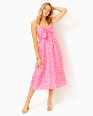 Shop Lilly Pulitzer Ellara Jacquard Midi Bow Dress In Roxie Pink Baby Blues Jacquard