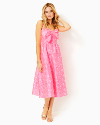 Ellara Jacquard Midi Bow Dress, Roxie Pink Baby Blues Jacquard, large image undefined