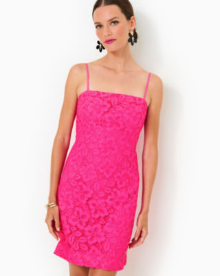 Maret Lace Dress, Passion Fruit Pink Flora Corded Lace, large - Lilly Pulitzer