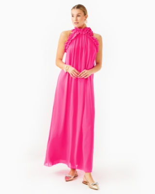 Florian Silk Maxi Dress, Passion Fruit Pink, large image 3