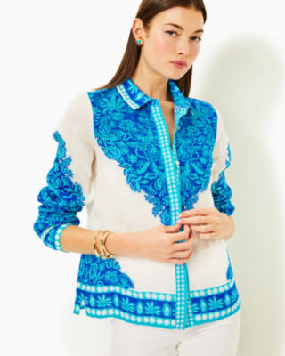 Lilly Pulitzer Kiran Button Down Top In Breezy Aqua Jungle Escape Engineered Woven Top