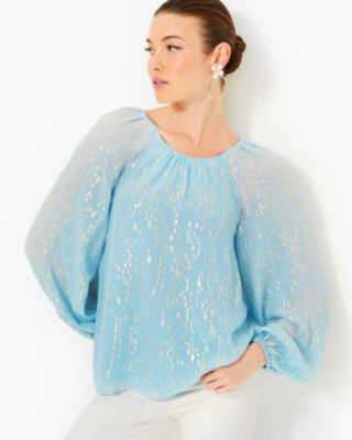 Lilly Pulitzer Noraleen Silk Top In Bonaire Blue Fish Clip Chiffon