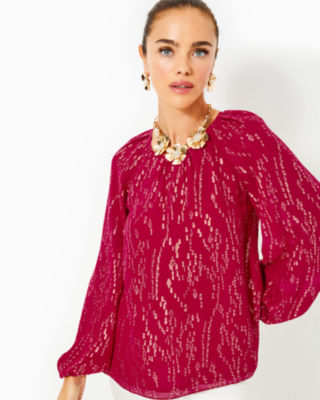 Noraleen Silk Top, Malbec Red Fish Clip Chiffon, large - Lilly Pulitzer