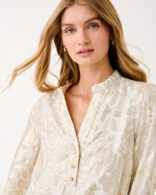 Evaline Silk Dress, Coconut Floral Bloom Silk Clip, large image 2