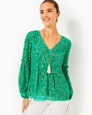 Cleme Long Sleeve Top, Fiddle Leaf Green Mystical Viscose Metallic Clip, large - Lilly Pulitzer