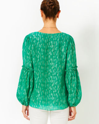 Lilly Pulitzer Cleme Long Sleeve Top In Fiddle Leaf Green Mystical Viscose Metallic Clip