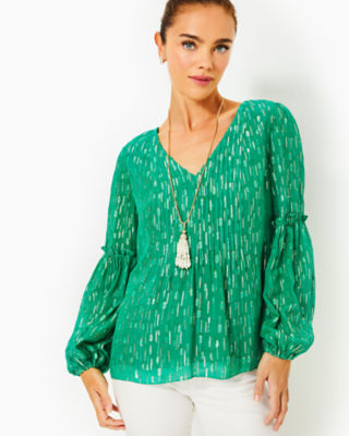 Lilly Pulitzer Cleme Long Sleeve Top In Fiddle Leaf Green Mystical Viscose Metallic Clip