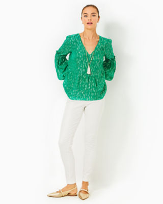 Lilly Pulitzer Cleme Long Sleeve Top In Fiddle Leaf Green Mystical Viscose Metallic Clip