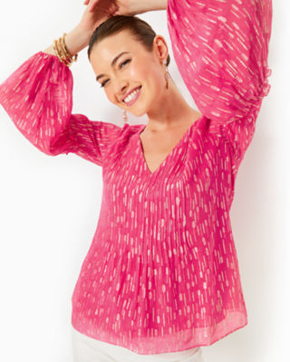 Cleme Long Sleeve Top, Passion Fruit Pink Mystical Viscose Metallic Clip, large - Lilly Pulitzer