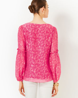 Lilly Pulitzer Cleme Long Sleeve Top In Passion Fruit Pink Mystical Viscose Metallic Clip