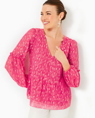 Lilly Pulitzer Cleme Long Sleeve Top In Passion Fruit Pink Mystical Viscose Metallic Clip