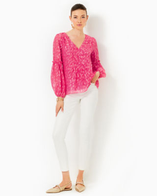 Lilly Pulitzer Cleme Long Sleeve Top In Passion Fruit Pink Mystical Viscose Metallic Clip