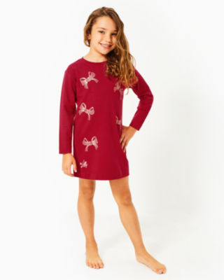 Girls Mini Ballad Sweatshirt Dress, Malbec Red Bow Embellishment Childrens, large - Lilly Pulitzer