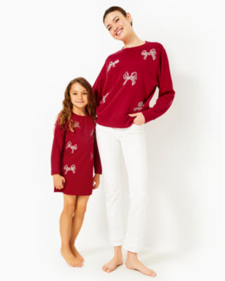 Girls Mini Ballad Sweatshirt Dress, Malbec Red Bow Embellishment Childrens, large image 2
