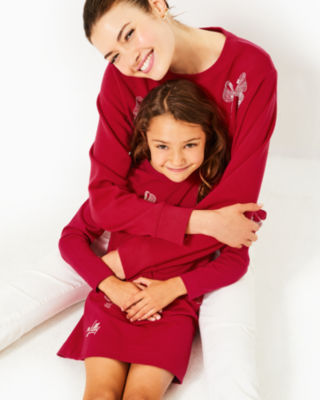 Girls Mini Ballad Sweatshirt Dress, Malbec Red Bow Embellishment Childrens, large image 3