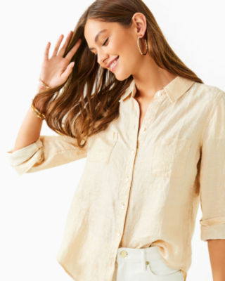 Sea View Metallic Button Down Top, Gold Foiled Sandbar X Resort White, large - Lilly Pulitzer