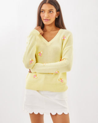 Tensley Sweater, Heathered Lemon Chiffon Bee Embroidery, large