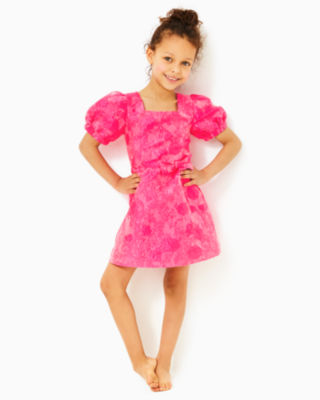 Girls Alannah Dress, Passion Fruit Pink Leaf An Impression Jacquard, large - Lilly Pulitzer