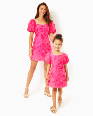 Girls Alannah Dress, Passion Fruit Pink Leaf An Impression Jacquard, large image 2