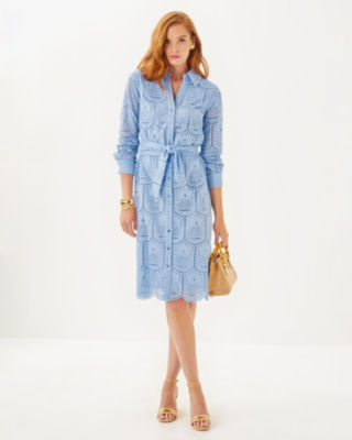 Eira Midi Shirtdress, Jacaranda Blue Pineapple Tile Eyelet, large image 3