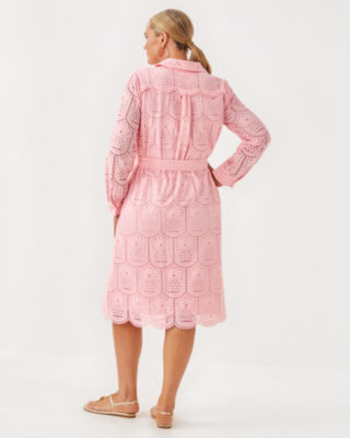 Eira Midi Shirtdress, Pink Muse Pineapple Tile Eyelet, large image 5