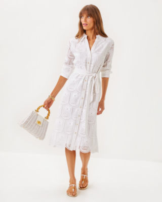 Eira Midi Shirtdress, Resort White Pineapple Tile Eyelet, large - Lilly Pulitzer