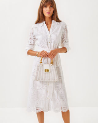 Eira Midi Shirtdress, Resort White Pineapple Tile Eyelet, large image 2