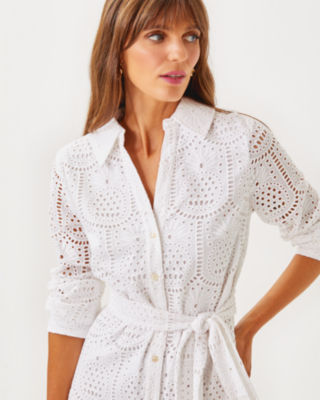 Eira Midi Shirtdress, Resort White Pineapple Tile Eyelet, large image 3