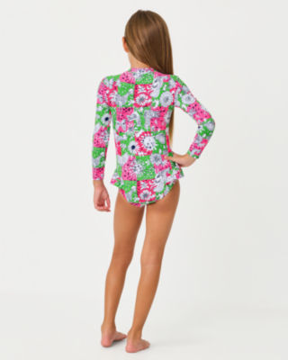 UPF 50+ Girls Denning Rashguard Swimsuit, Cherry Blossom Pink Lil Chicken Check, large image 1