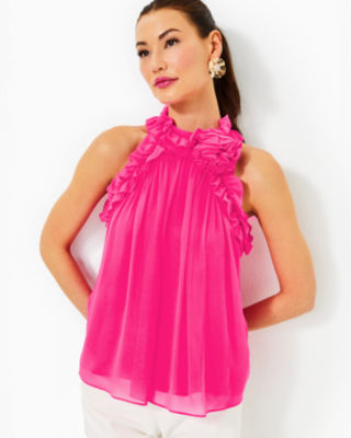 Florian Silk Top, Passion Fruit Pink, large - Lilly Pulitzer