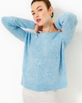 Elizabelle Sweater, Heathered Bonaire Blue Coastal Flowers, large - Lilly Pulitzer