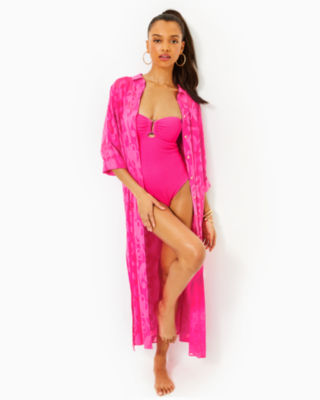 Natalie Maxi Cover-Up, Passion Fruit Pink Poly Crepe Swirl Clip, large - Lilly Pulitzer