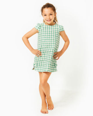 Girls Little Lilly Short Sleeve Shift Dress, Fiddle Leaf Green Windowpane Boucle, large - Lilly Pulitzer