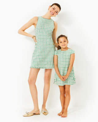 Lilly Pulitzer Girls Little Lilly Short Sleeve Shift Dress In Fiddle Leaf Green Windowpane Boucle