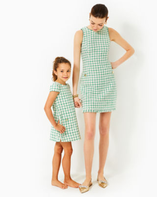 Lilly Pulitzer Girls Little Lilly Short Sleeve Shift Dress In Fiddle Leaf Green Windowpane Boucle