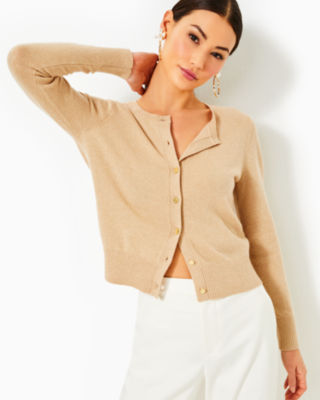 Fairley Cashmere Cardigan, Heathered Sand Bar Metallic, large - Lilly Pulitzer