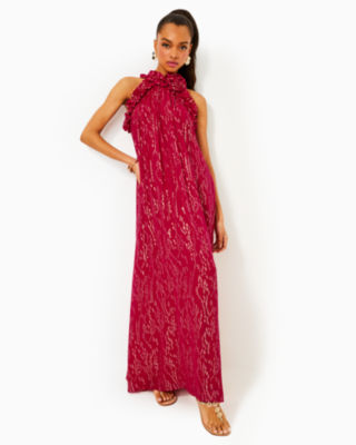 Florian Silk Maxi Dress, Malbec Red Fish Clip Chiffon, large - Lilly Pulitzer