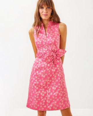 Tazie Dress, Rousseau Pink Ditsy Daisy Metallic Brocade, large image 2