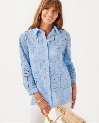 Gracee Tunic, Jacaranda Blue Pineapple Tile Eyelet, large
