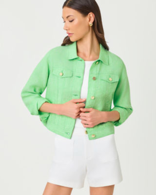 Seaspray Linen Jacket, Jackfruit Green X Resort White, large