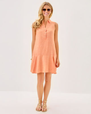 Ellowyn Linen Dress, Papaya X Resort White, large image 3