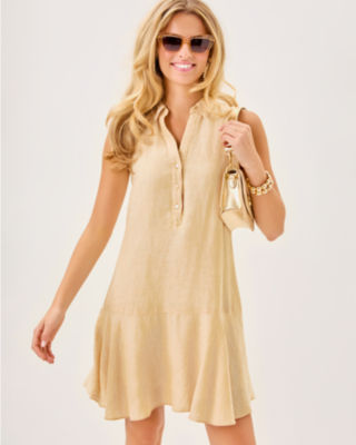 Ellowyn Linen Dress, Wicker Tan X Resort White, large